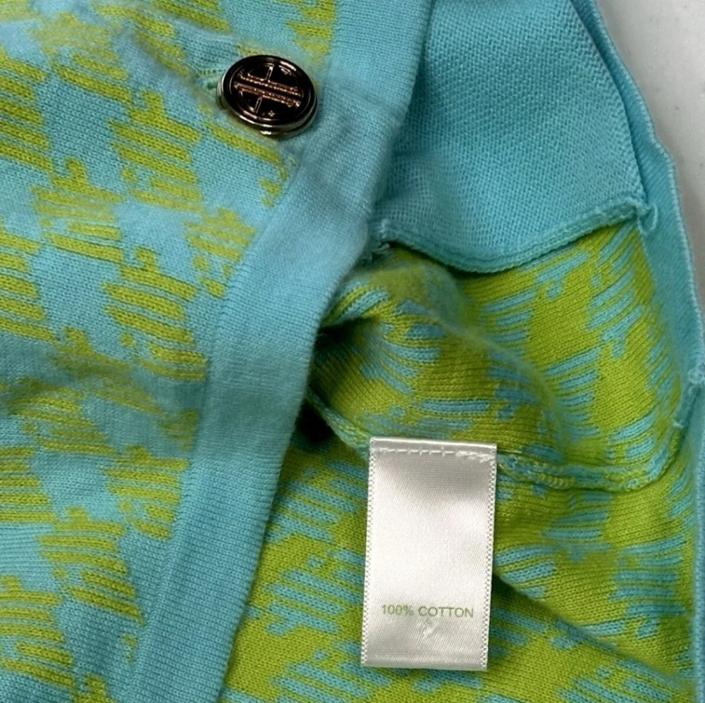 LILY PULITZER VINTAGE WOMEN'S GREEN AND BLUE HOUNDSTOOTH CARDIGAN SIZE MEDIUM